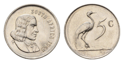 ЮАР 5 центов 1965 Ян ван Рибек (1619-1677), South Africa, легенда на англинском, райский журавль KM 67.1 медно-никель UNC 4640-1012