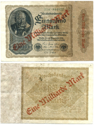 Германия 1000000000 марок 1923 сентябрь 1923, диагональная красная надпечатка на 1000 марок 1922 Pick 113a бумага 7146-3-2