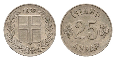 Исландия 25 эйре 1958 KM 11 медно-никель 4690-612
