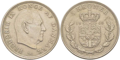 ДАНИЯ 5 КРОН 1968 C; S, ФРЕДЕРИК IX (1947-1972) KM 853.1 медно-никель 38-511