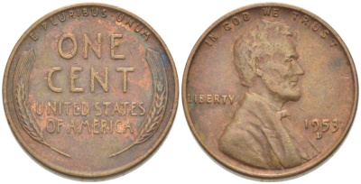 США 1 ЦЕНТ 1953 D, ЛИНКОЛЬН KM А132 медь цинк 218-1014