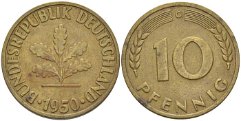 ФРГ 10 ПФЕННИГОВ 1950 G KM 108, J. 383 сталь плакированная латунью 4390-1231