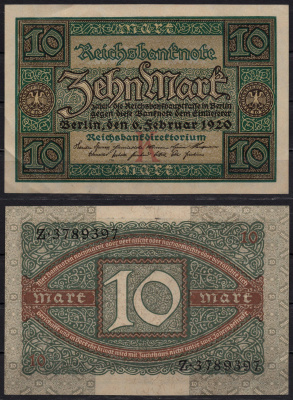 Германия 10 марок 1920 Pick 67a бумага 8602-31-2-1