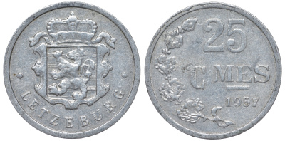Люксембург 25 сантимов 1957 Шарлотта (1918-1964) KM 45a.1 алюминий 4528-551