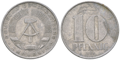 ГДР 10 пфеннигов 1968 A KM 10 алюминий 3459-623