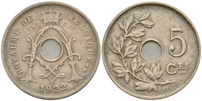 Бельгия 5 сантимов 1922 Belges KM 66 медно-никель    4598-914