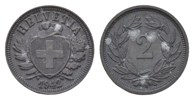 Швейцария 2 раппена 1942 B KM 4.2b цинк 4676-1116