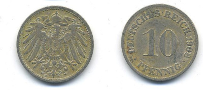 ГЕРМАНИЯ 10 ПФЕННИГОВ 1908 D KM 12, J. 13 медно-никель 58-324
