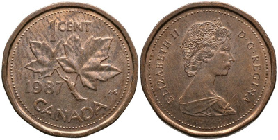 Канада 1 цент 1987 Елизавета II (1952-2022), кленовый лист KM 132 бронза 4549-367