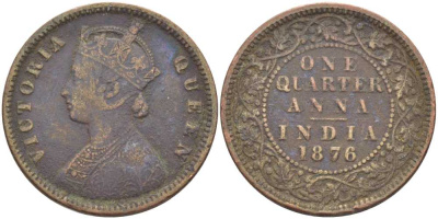 Британская Индия 1/4 анна 1876 Виктория (1837-1901), имперская чеканка KM 427 медь 119-157