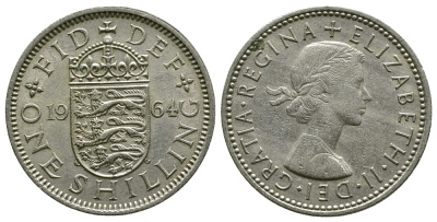 Великобритания 1 шиллинг 1964 Елизавета II (1952-2022), Английский герб KM 904, Spink 4147 медно-никель 4384-521