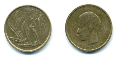 БЕЛЬГИЯ 20 ФРАНКОВ 1982 BELGIE KM 160 никель бронза 25-1616
