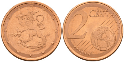 Финляндия 2 евроцента 1999  KM 99 сталь плакированная медью  UNC  4160-357