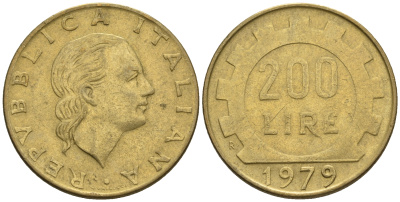 Италия 200 лир 1979 R, шестерня KM 105 алюминиевая бронза 85-557