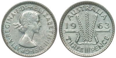 Австралия 3 пенса 1963 m, Елизавета II (1952-2022) KM 57 серебро 71-916