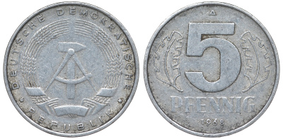 ГДР 5 ПФЕННИГОВ 1968 A KM 9.1 алюминий 62-146