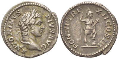 Римская Империя денарий 209 Каракалла, ANTONINVS PIVS AVG, бюст императора / PONTIF TRP XII COS III, Виртус, персонификация Доблести, Рим, 2,81 гр RIC 112 серебро 1073-18-83