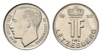 Люксембург 1 франк 1990 Герцог Жан (1964-1999) KM 63 сталь плакированная никелем 4702-221