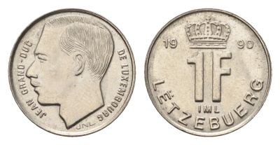 Люксембург 1 франк 1990 Герцог Жан (1964-1999) KM 63 сталь плакированная никелем 4702-221