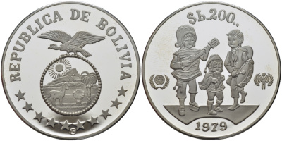 Боливия 200 песо 1979 Международный год защиты детей KM 198 серебро PROOF 02-208-34