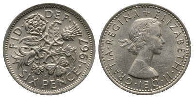 Великобритания 6 пенсов 1967 Елизавета II (1952-2022) KM 903, Spink 4149 медно-никель 89-715