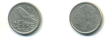 Норвегия 25 эре 1964 Улаф V (1958-1991), синица KM 407 медно-никель 80-857