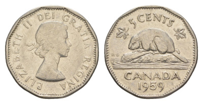 Канада 5 центов 1959 Елизавета II (1952-2022), бобр KM 50a никель 4630-665