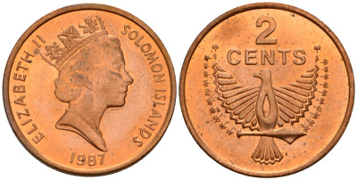 Соломоновы Острова 2 цента 1987 Елизавета II (1953-) KM 25 сталь плакированная бронзой aUNC 4561-1133