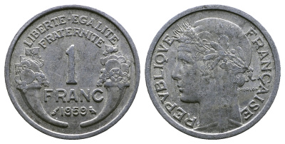 ФРАНЦИЯ 1 ФРАНК 1959 ТИП MORLON, LEGERE KM 885a.1, LE FRANC 221.23 алюминий 261-443