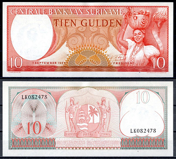 Суринам 10 гульденов 1963 Pick 121 b бумага UNC (пресс) 8615-49-1-1