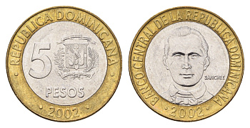 Доминикана (Доминиканская Республика) 5 песо 2002 KM 89 биметалл aUNC 4695-1225
