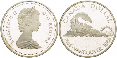 Канада 1 доллар 1986 100 лет Ванкуверу, паровоз KM 149 серебро PROOF 1068-4-44