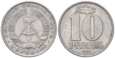 ГДР 10 пфеннигов 1965 А алюминий 3459-611
