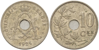 БЕЛЬГИЯ 10 САНТИМОВ 1924 BELGIE KM 86 медно-никель 4544-1217