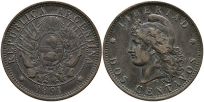 Аргентина 2 сентаво 1891 голова свободы влево KM 8 бронза 4531-1044