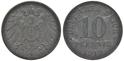 Германия 10 пфеннигов 1919 KM 26, J. 299, Weege 8 цинк 4119-312