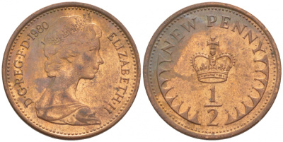 Великобритания 1/2 пенни 1980 Елизавета II (1952-2022) KM 914, Spink 4239 бронза 112-1064