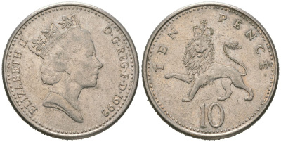 Великобритания 10 пенсов 1992 Елизавета II (1952-2022) KM 938b, Spink 4367 (F4) медно-никель 4604-1051