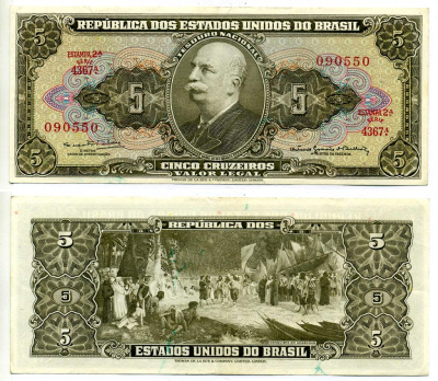 Бразилия 5 крузейро 1962-1964 ESTAMPA 2A, серия 4367, signatures: Sйrgio Augusto Ribeiro & Octбvio Gouvкa de Bulhхes Pick 176d бумага aUNC 7219-28-3-1