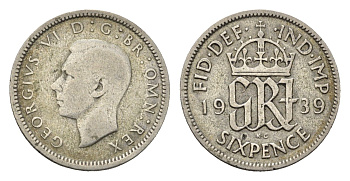 Великобритания 6 пенсов 1939 Георг VI (1936-1952) KM 852, Spink 4084 серебро 4690-749