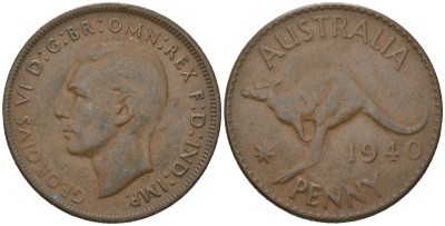 Австралия 1 пенни 1940 Георг VI (1936-1952), кенгуру KM 36 бронза 4619-1051