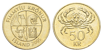 Исландия 50 крон 2005 краб KM 31 никель латунь UNC 4695-545