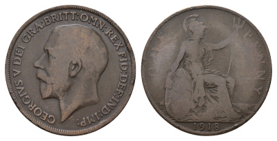 Великобритания 1 пенни 1918 Георг V (1910-1936) КМ 810, Spink 4051 бронза 4680-246