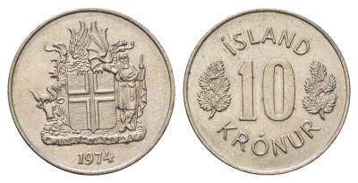 Исландия 10 крон 1974 KM 15 медно-никель UNC 4586-826