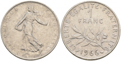 ФРАНЦИЯ 1 ФРАНК 1966 СЕЯТЕЛЬ KM 925.1 никель 186-334