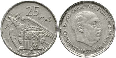 ИСПАНИЯ 25 ПЕСЕТ 1957 (66) ФРАНСИСКО ФРАНКО ДИКТАТОР ИСПАНИИ (1939-1975) KM 787 медно-никель 111-224