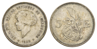 Люксембург 5 франков 1929 Шарлотта (1918-1964) KM 38 серебро 4670-1047