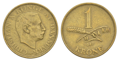 Дания 1 крона 1947 N, Кристиан X (1912-1947) KM 835 алюминиевая бронза 4638-655
