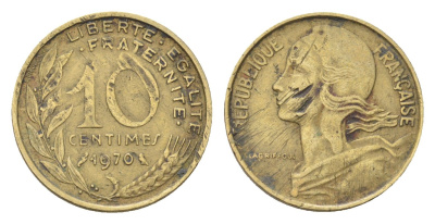 Франция 10 сантимов 1970 KM 929 алюминиевая бронза 4702-1264