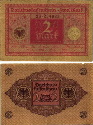 ГЕРМАНИЯ 2 МАРКИ 1920 1 МАРТА 1920, ВЕЙМАРСКАЯ РЕСПУБЛИКА, КРАСНАЯ, СЕРИЯ 23 Pick 59, Rosenberg 65b бумага 7219-14-2-1